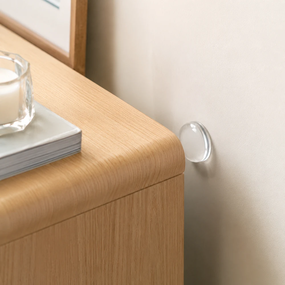 Clear bumper between a cabinet corner and wall