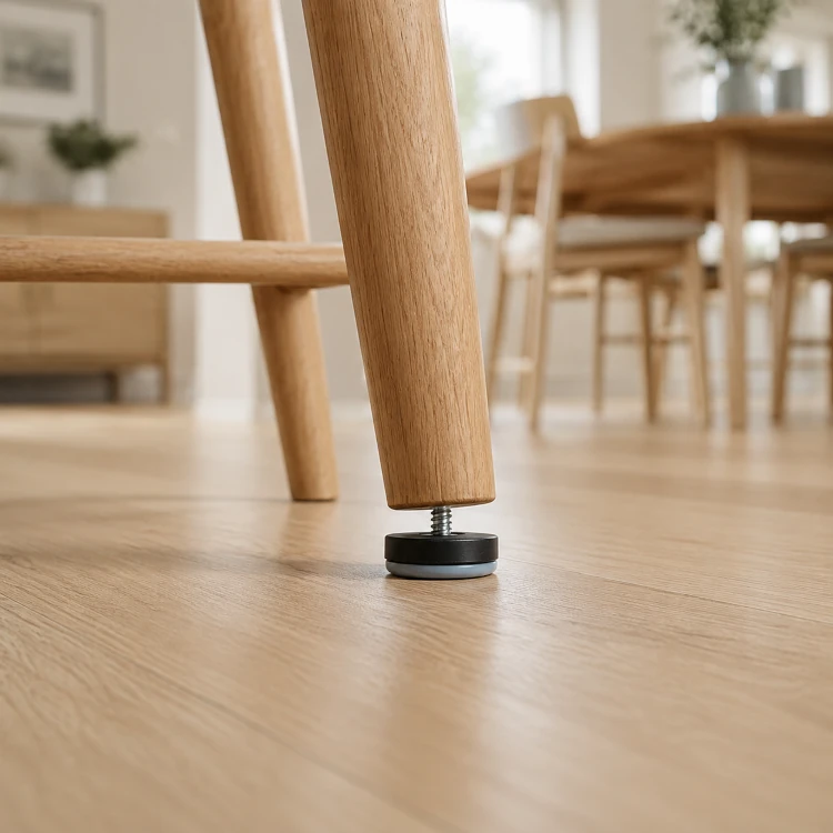Screw-mounted glide beneath a wooden furniture leg