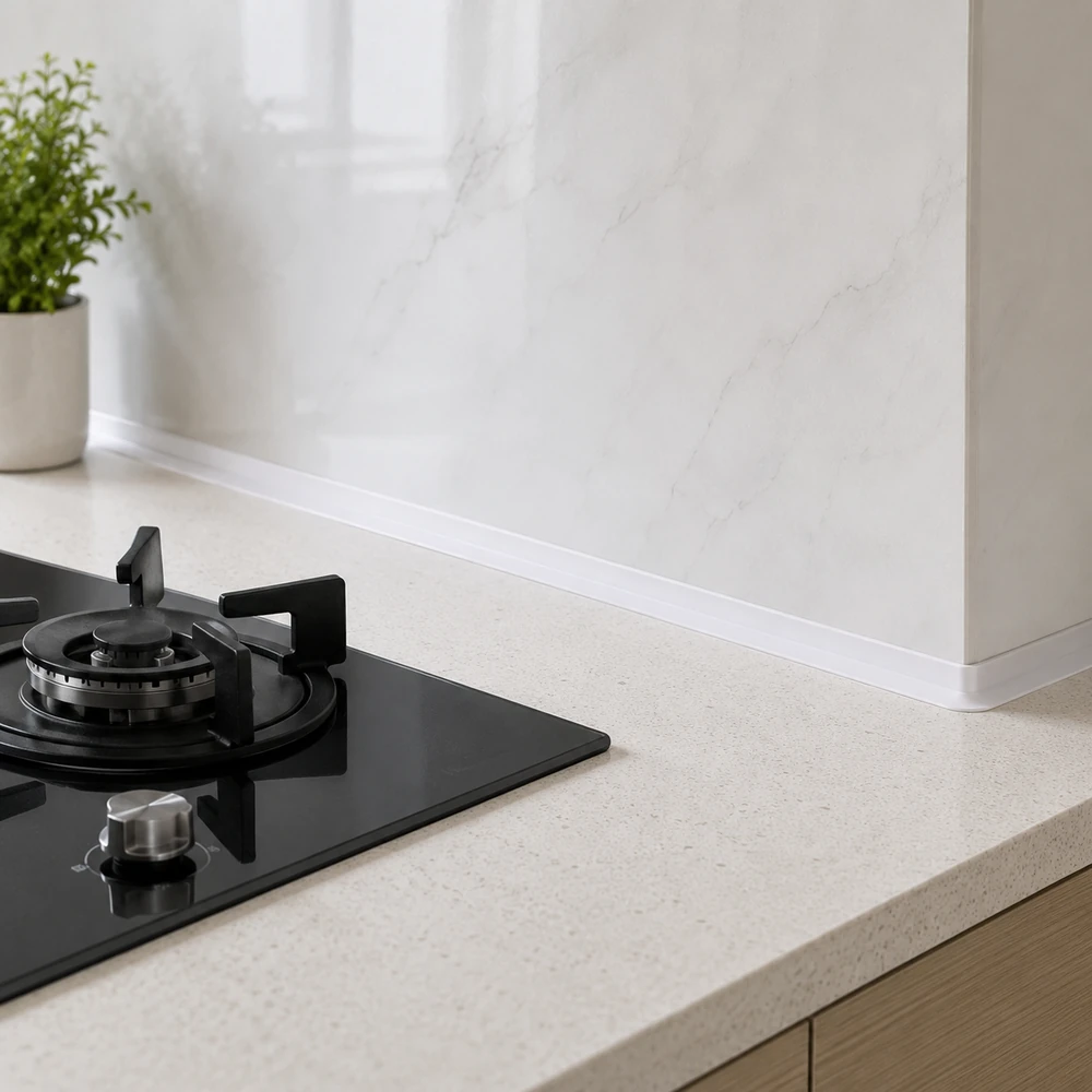 White sealing tape at a kitchen countertop joint