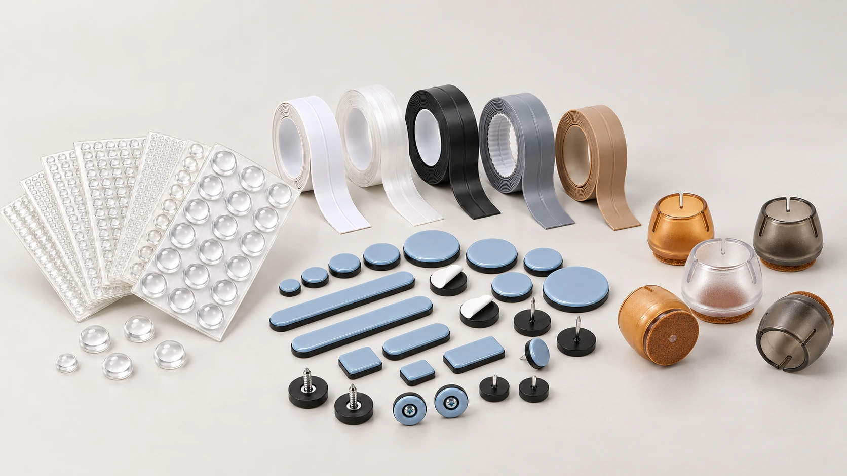 Sealing tape, furniture glides, transparent bumper pads and chair leg caps