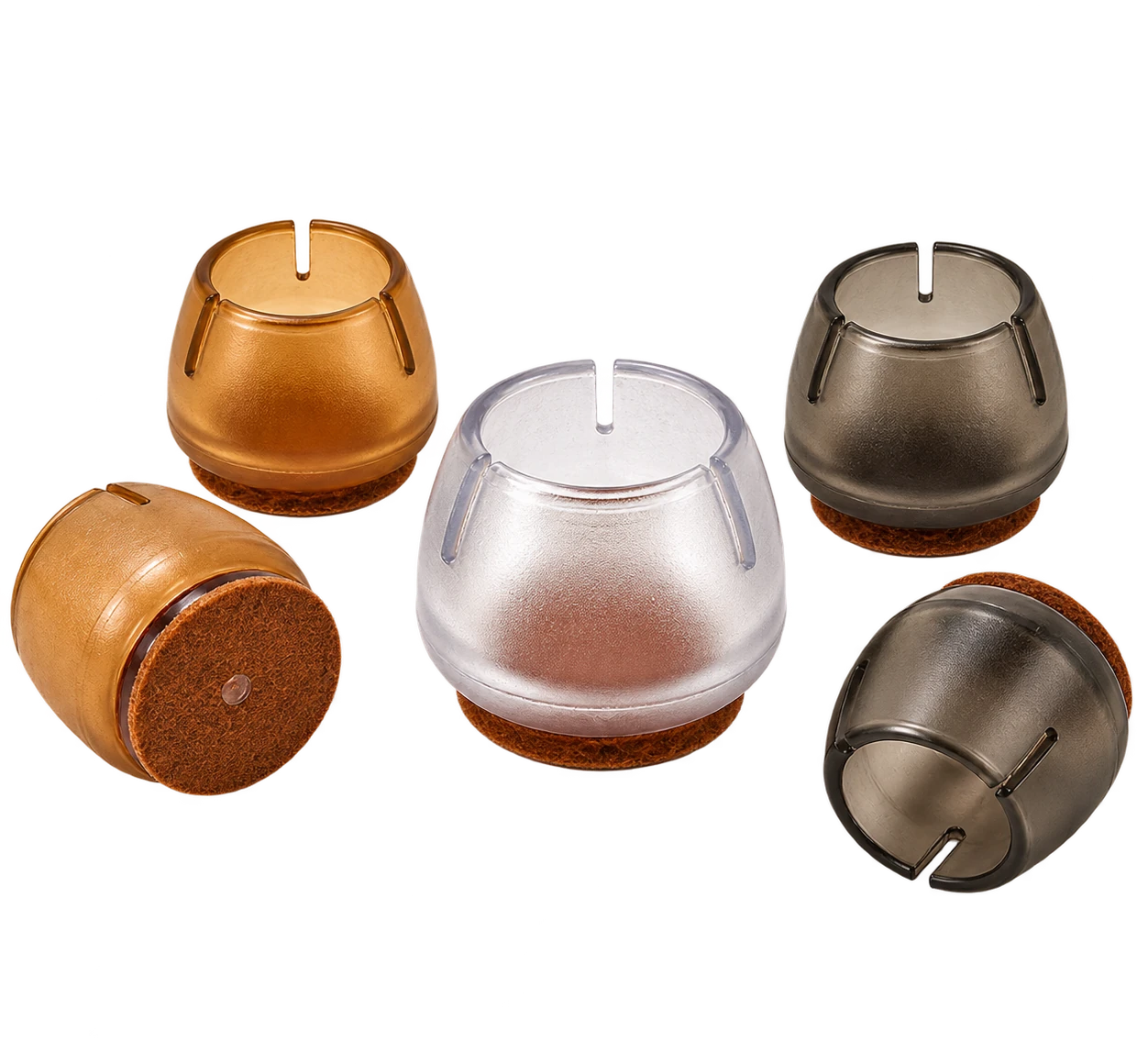 yiHom PVC furniture leg caps in transparent, amber brown and black with felt bottoms